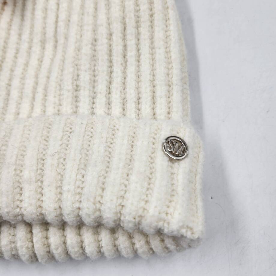 Steve Madden Cloud Knit Faux-Fur Pom Pom Beanie Hat Women's One Size Ivory
