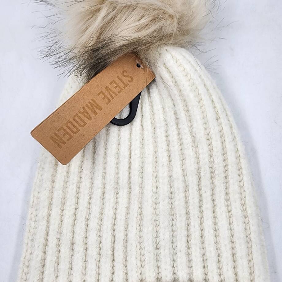 Steve Madden Cloud Knit Faux-Fur Pom Pom Beanie Hat Women's One Size Ivory