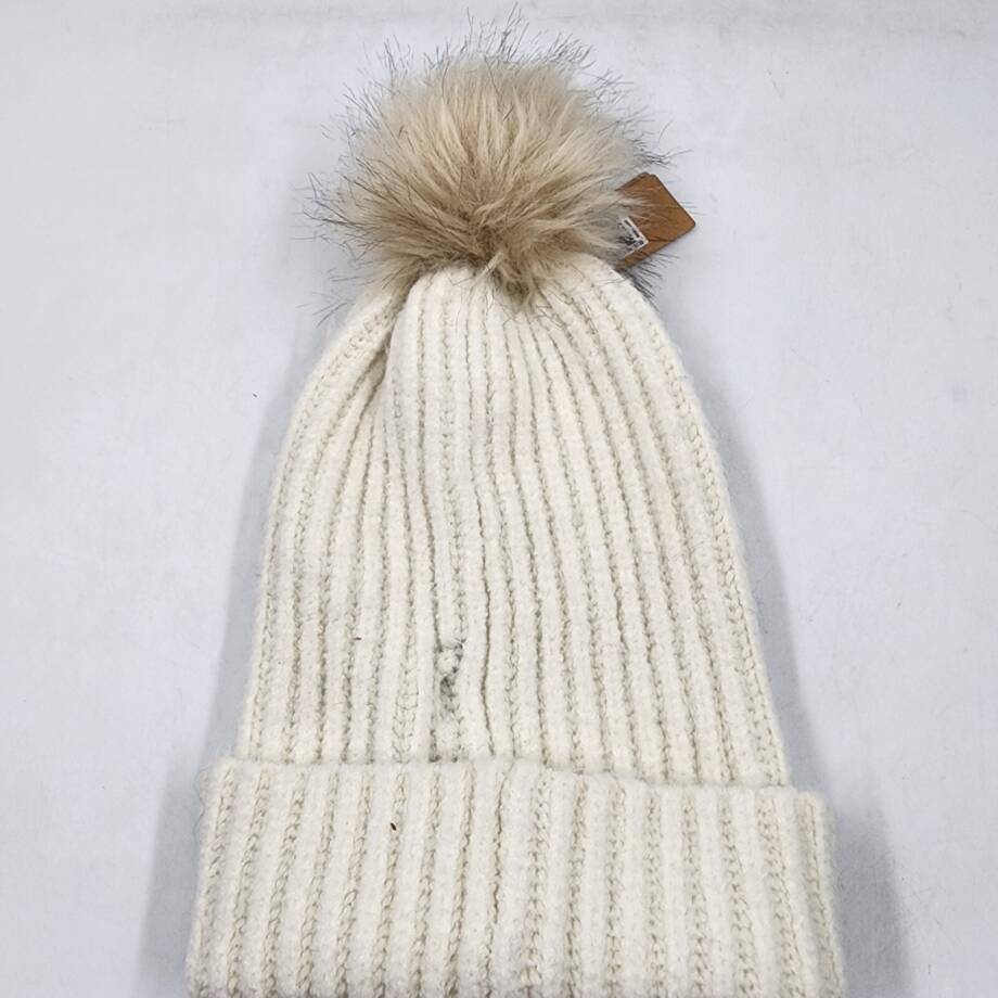 Steve Madden Cloud Knit Faux-Fur Pom Pom Beanie Hat Women's One Size Ivory