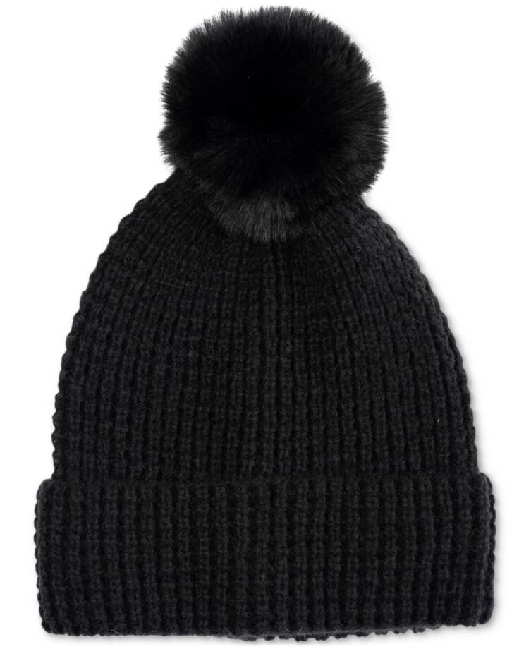 Style & Co Faux-Fur Pom Pom Waffle-Knit Beanie Hat Women's One Size Black