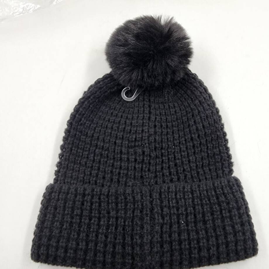 Style & Co Faux-Fur Pom Pom Waffle-Knit Beanie Hat Women's One Size Black