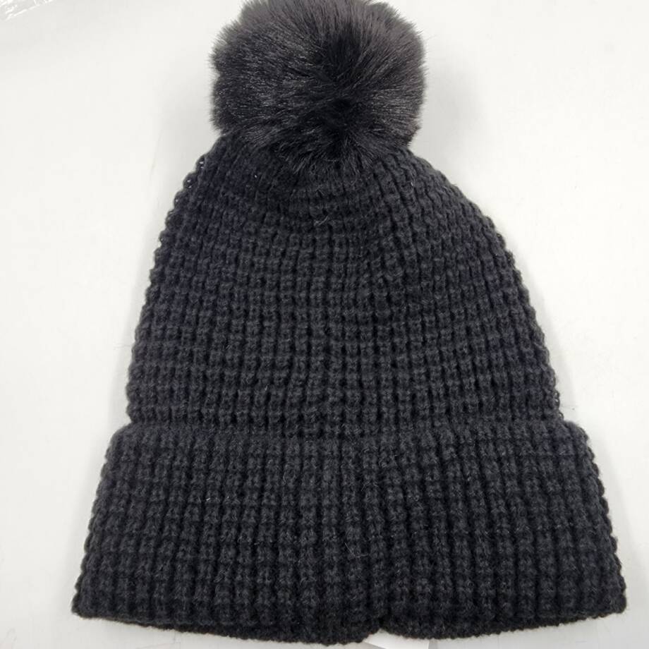 Style & Co Faux-Fur Pom Pom Waffle-Knit Beanie Hat Women's One Size Black