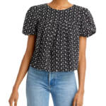 AQUA Embroidered Eyelet Top Women's XS Black/White Floral Crewneck Short Sleeve
