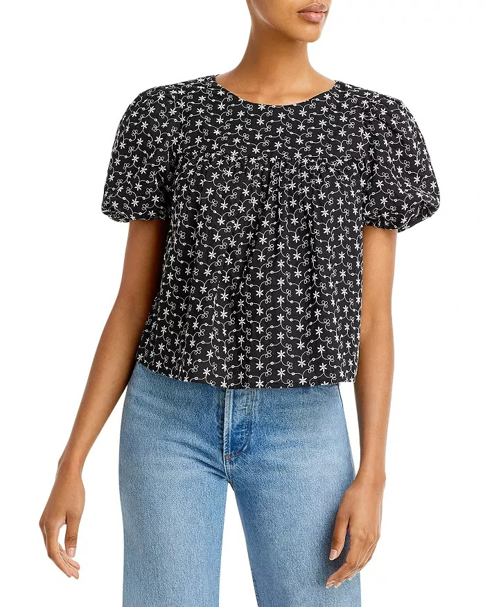 AQUA Embroidered Eyelet Top Women's XS Black/White Floral Crewneck Short Sleeve
