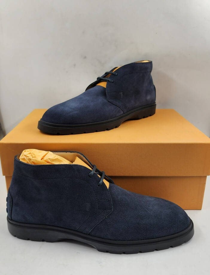 Tod's Lace Up Desert Boots Men's 7.5/9US Blue Suede Embossed Monogram Round Toe