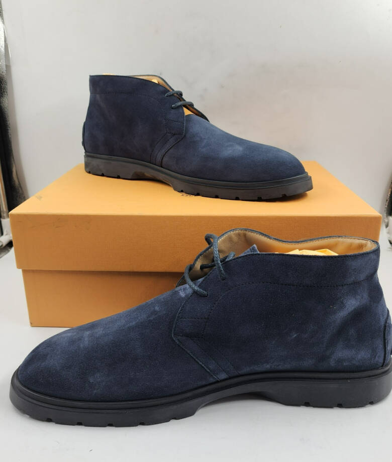 Tod's Lace Up Desert Boots Mens 10.5/12US Blue Suede Embossed Monogram Round Toe