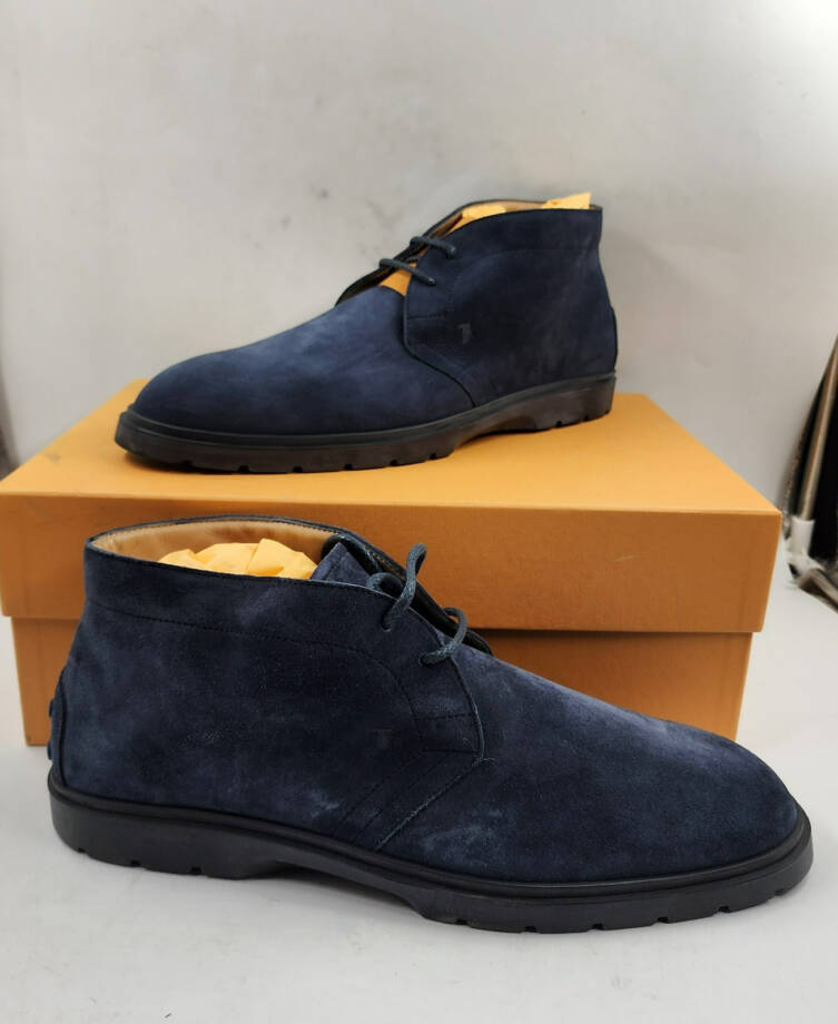 Tod's Lace Up Desert Boots Mens 10.5/12US Blue Suede Embossed Monogram Round Toe