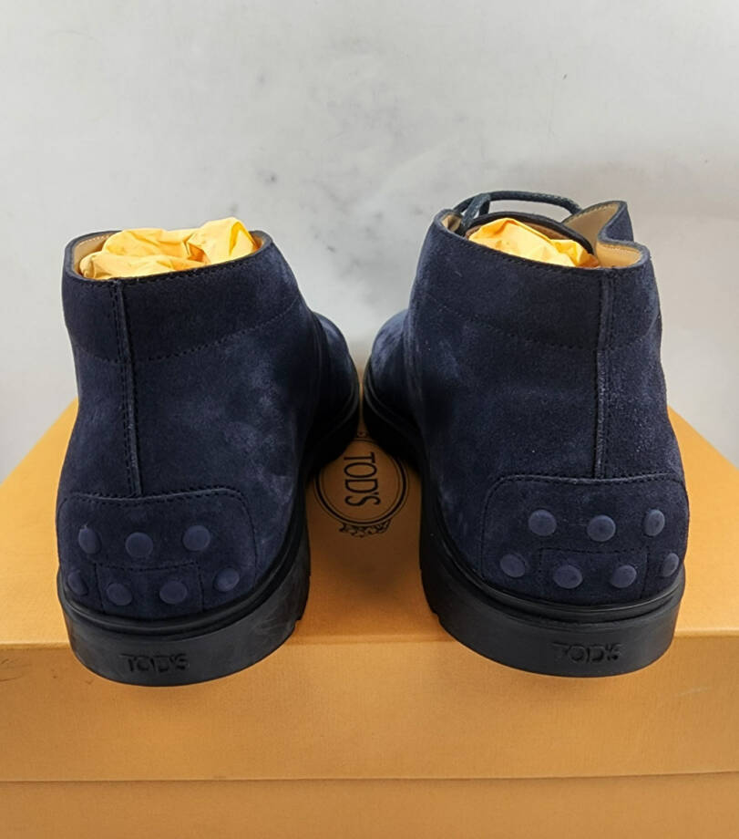 Tod's Lace Up Desert Boots Mens 10.5/12US Blue Suede Embossed Monogram Round Toe