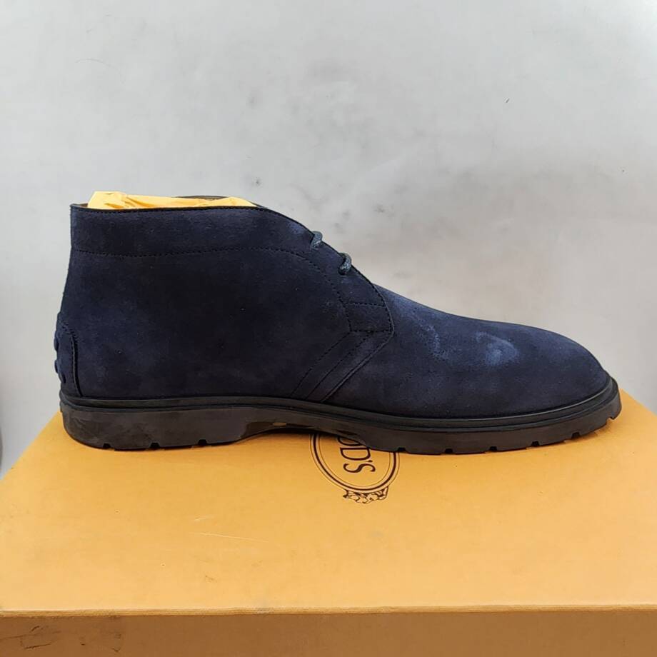 Tod's Lace Up Desert Boots Mens 10.5/12US Blue Suede Embossed Monogram Round Toe