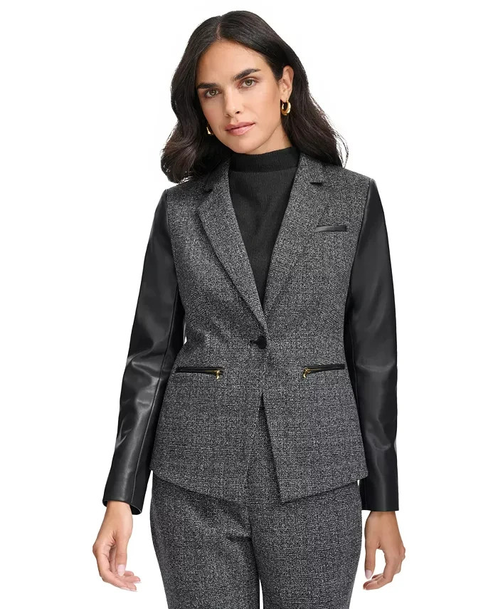 Calvin Klein Faux-Leather-Sleeve Blazer Women's 2 Black Multi Button Front L/S