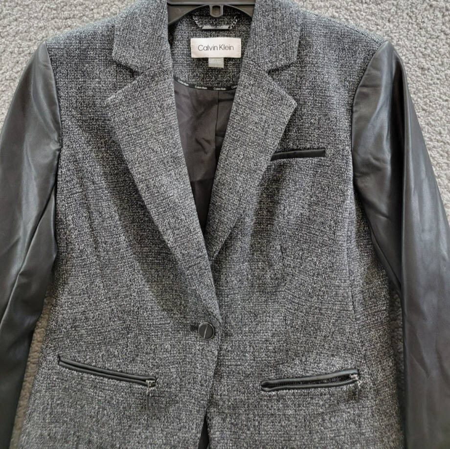 Calvin Klein Faux-Leather-Sleeve Blazer Women's 2 Black Multi Button Front L/S
