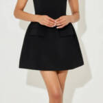 AQUA Mock Neck A-Line Mini Dress Women's XS Black Short Sleeve Back Zip Closure