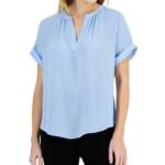 T Tahari Split-Neck Rolled-Cuff Top Women's M Water Garden Blue Short Sleeve