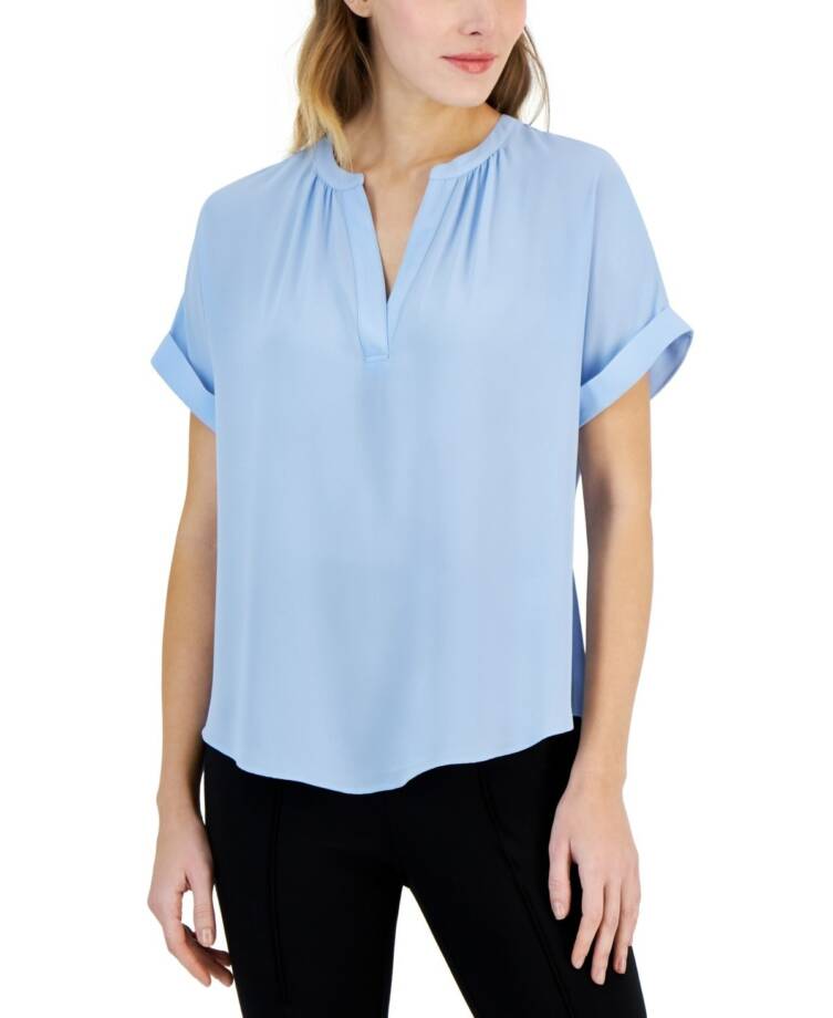T Tahari Split-Neck Rolled-Cuff Top Women's M Water Garden Blue Short Sleeve