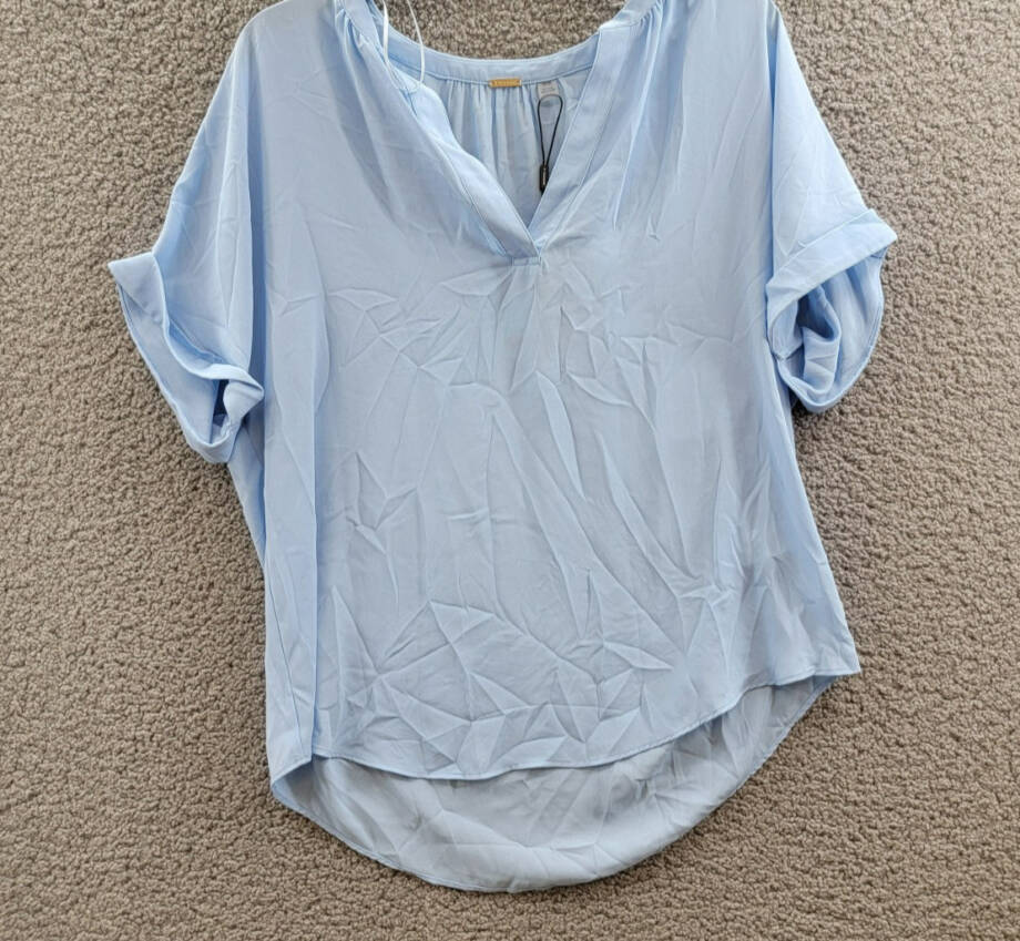 T Tahari Split-Neck Rolled-Cuff Top Women's M Water Garden Blue Short Sleeve
