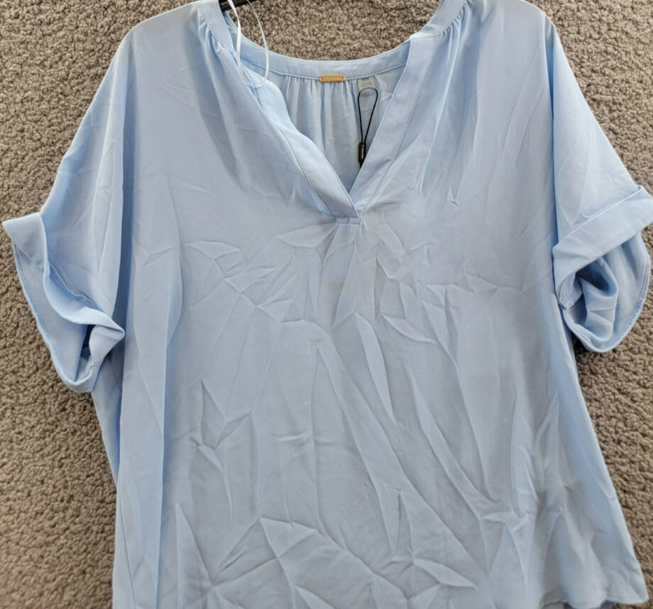 T Tahari Split-Neck Rolled-Cuff Top Women's M Water Garden Blue Short Sleeve