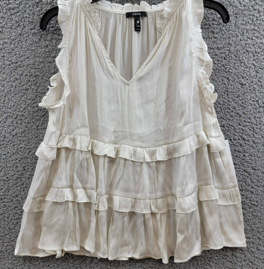 AQUA Satin Ruffled Tank Top Women's M Ivory Solid V-Neck Sleeveless Pullover