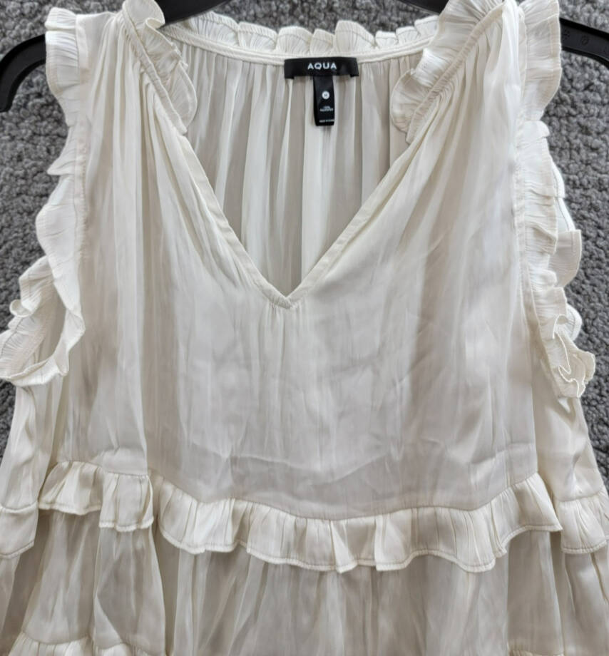 AQUA Satin Ruffled Tank Top Women's M Ivory Solid V-Neck Sleeveless Pullover