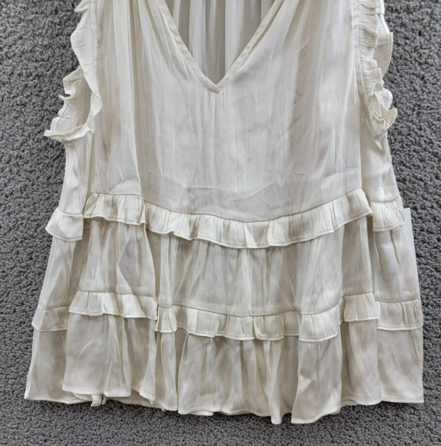 AQUA Satin Ruffled Tank Top Women's M Ivory Solid V-Neck Sleeveless Pullover
