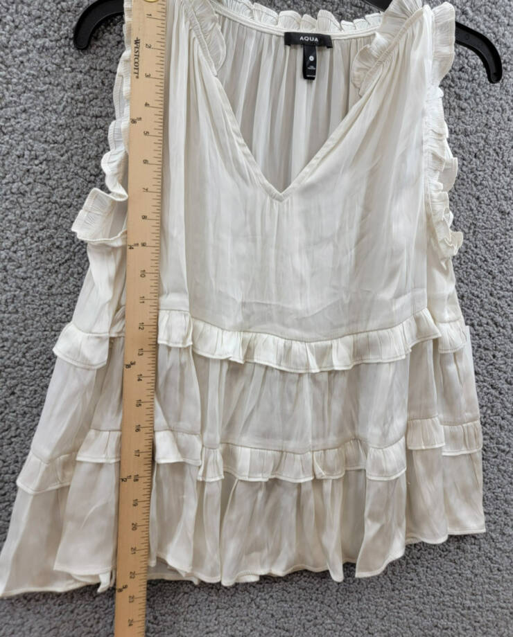 AQUA Satin Ruffled Tank Top Women's M Ivory Solid V-Neck Sleeveless Pullover