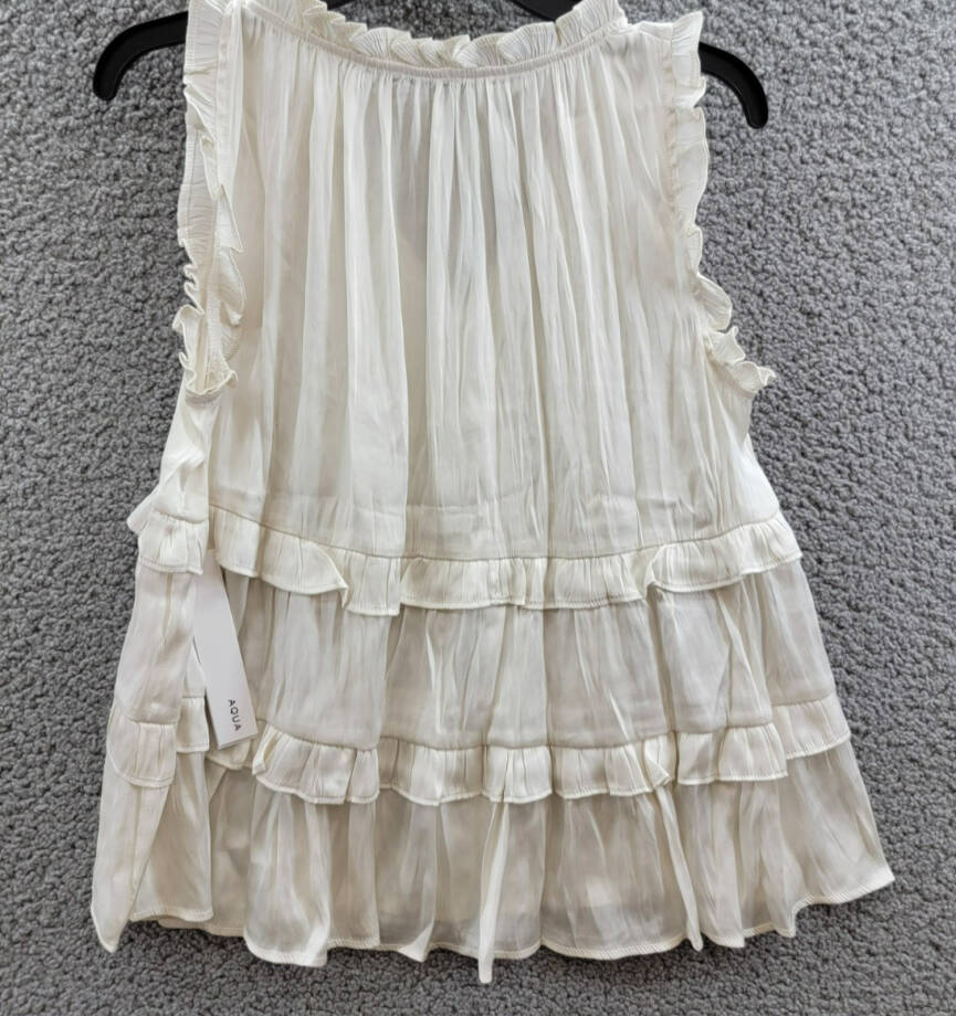 AQUA Satin Ruffled Tank Top Women's M Ivory Solid V-Neck Sleeveless Pullover