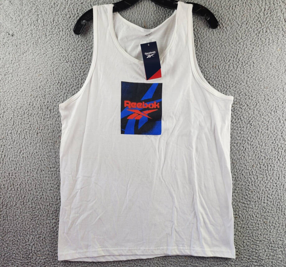 Reebok Logo Graphic Tank Top Men's L White Printed Scoop Neck Pullover