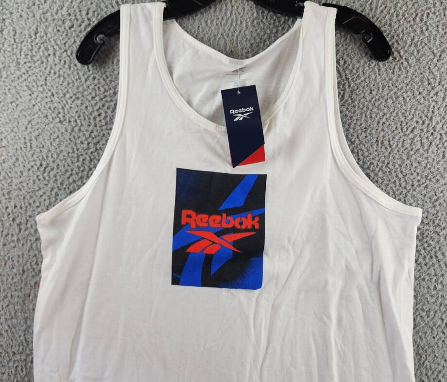 Reebok Logo Graphic Tank Top Men's L White Printed Scoop Neck Pullover