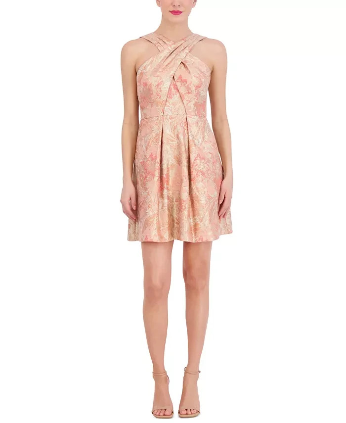 Vince Camuto Jacquard Fit & Flare Halter Dress Women's 4 Coral Sleeveless