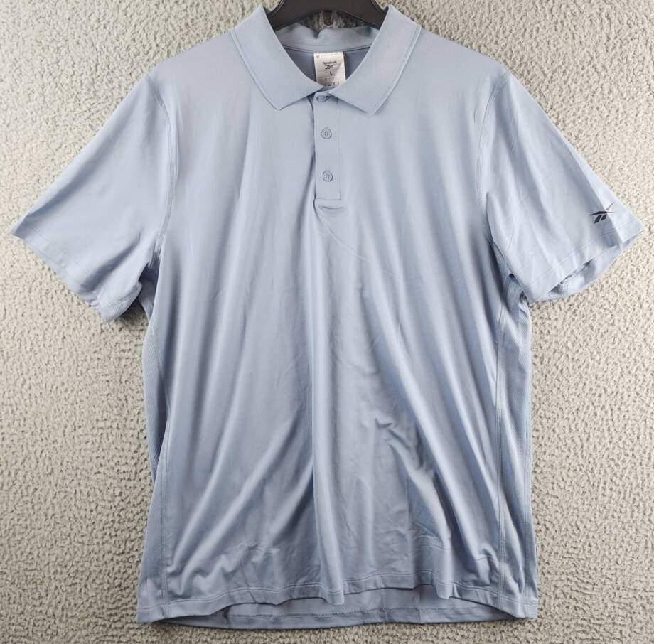 Reebok Short Sleeve Performance Training Polo Shirt Mens L Vintage Blue Pullover