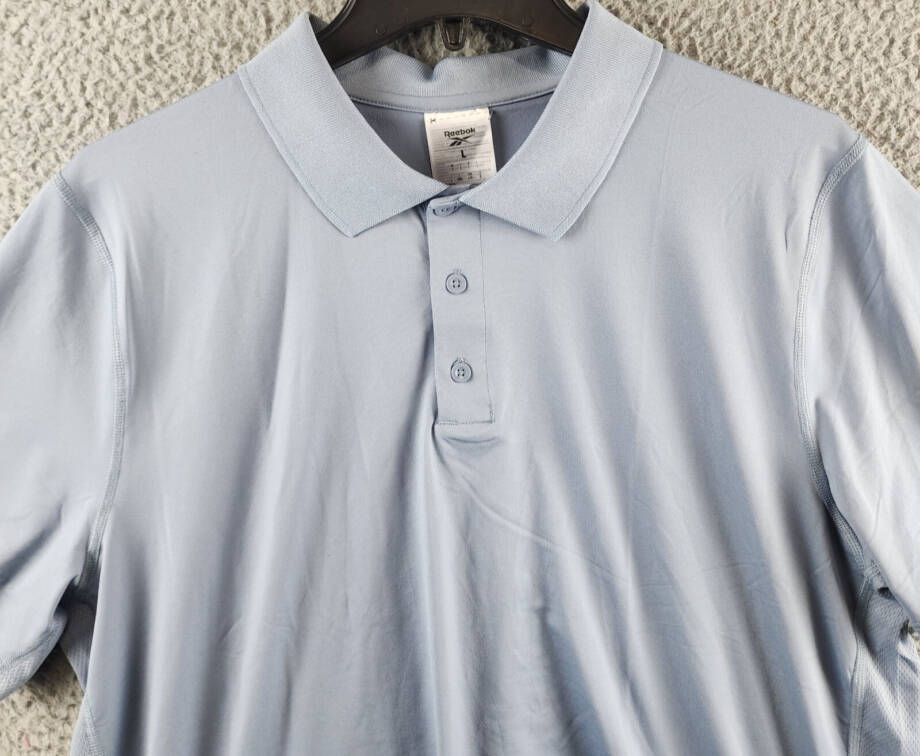 Reebok Short Sleeve Performance Training Polo Shirt Mens L Vintage Blue Pullover