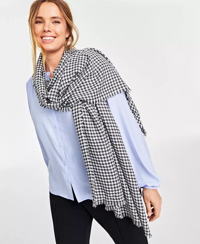 On 34th Classic Houndstooth Supersoft Wrap Scarf Women's One Size Black Ivory~