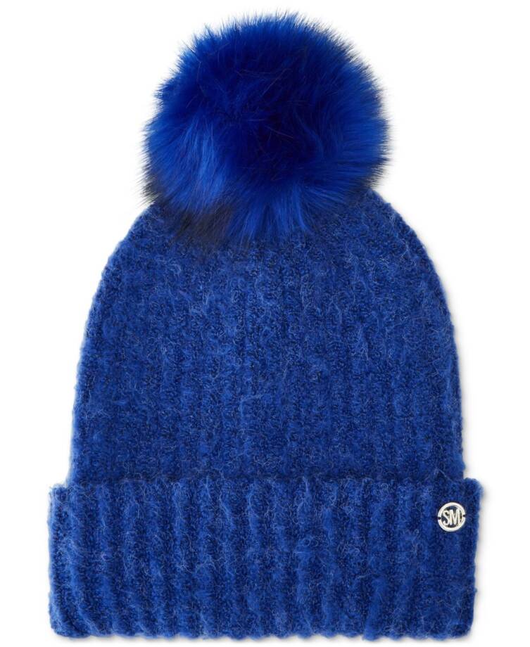 Steve Madden Cloud Knit Faux-Fur Pom Pom Beanie Women's One Size Cobalt