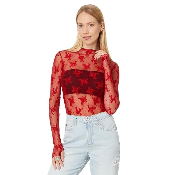 Free People Lady Lux Long Sleeve Mock Neck Shirt Women's XS Red Racer Pullover