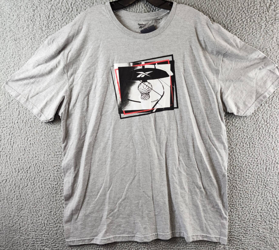 Reebok B-Ball Hoop Graphic T-Shirt Men's L Grey Heather Crewneck Short Sleeves~