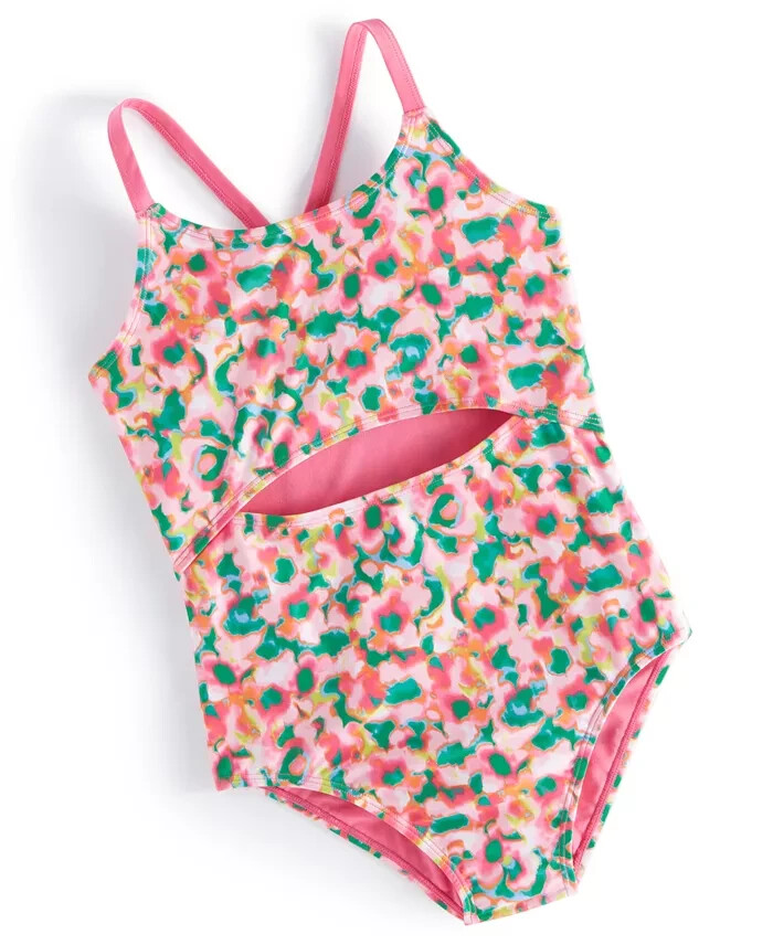 ID Ideology Blurred Floral One-Piece Swimsuit Big Girls M Cerise Pink Round Neck