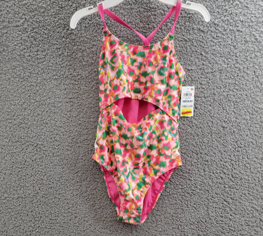 ID Ideology Blurred Floral One-Piece Swimsuit Big Girls M Cerise Pink Round Neck