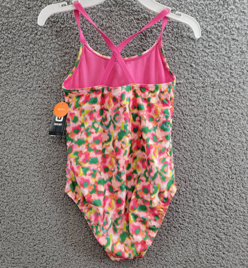 ID Ideology Blurred Floral One-Piece Swimsuit Big Girls M Cerise Pink Round Neck