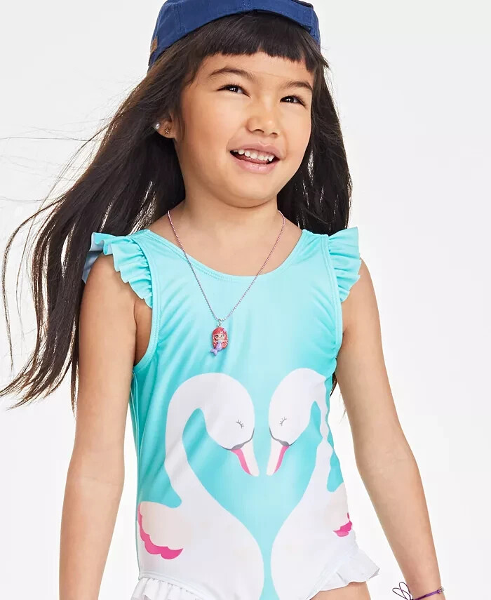 Epic Threads Swan One-Piece Swimsuit Girls' 6 Light Pool Blue Round Neck Ruffled