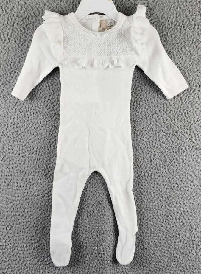 Maniere Noovel Knit Cotton Footed Coverall Baby Girls' 9M Ivory Crewneck Ruffled