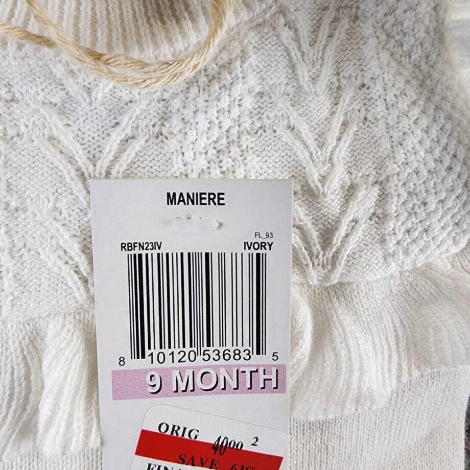 Maniere Noovel Knit Cotton Footed Coverall Baby Girls' 9M Ivory Crewneck Ruffled