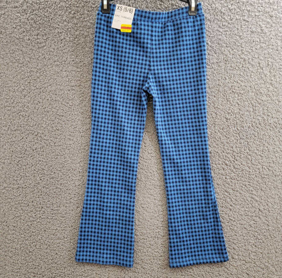 Epic Threads Check Flared Ponte Pants Girls XS 5/6 Campanula Blue Elastic Waist