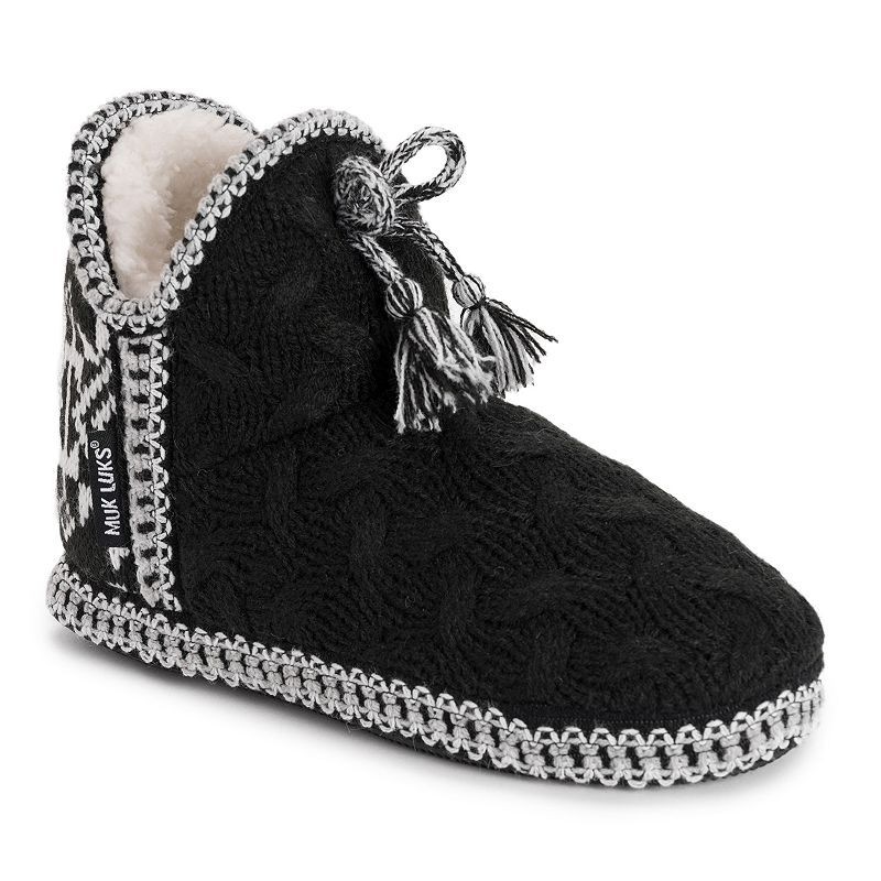 MUK LUKS Amira Slippers Women's XL (11-12) Black/White Faux Fur Knitted Pull On