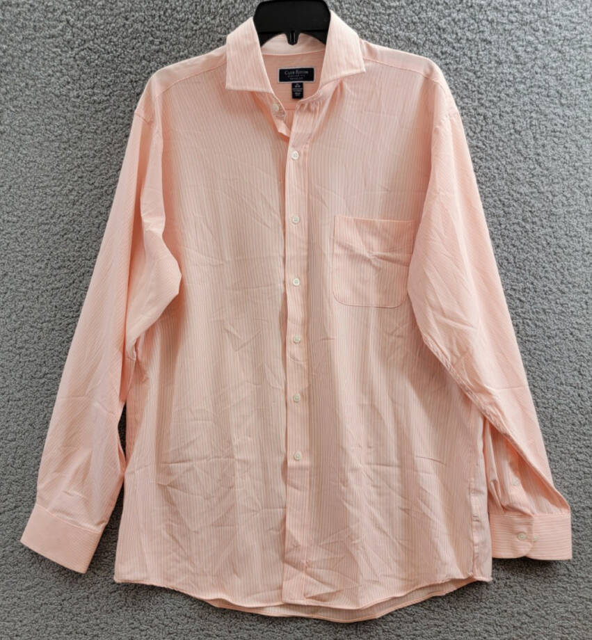 Club Room Striped Dress Shirt Men's 16 (34-35) Orange/White Front Button Closure