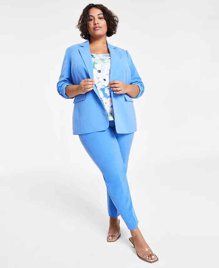 Bar III Plus Size One-Button Blazer Women's 1X Delft Blue Solid Notch Lapel L/S