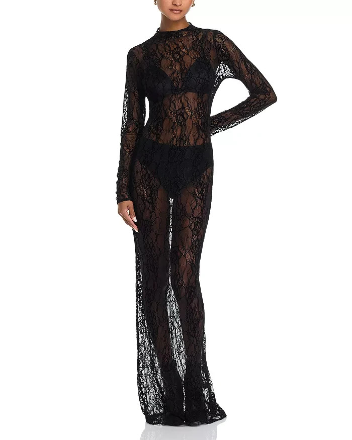 Good American Long Sleeve Lace Gown Womens S Black Semi Sheer Mock Neck Pullover