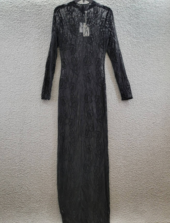 Good American Long Sleeve Lace Gown Womens S Black Semi Sheer Mock Neck Pullover