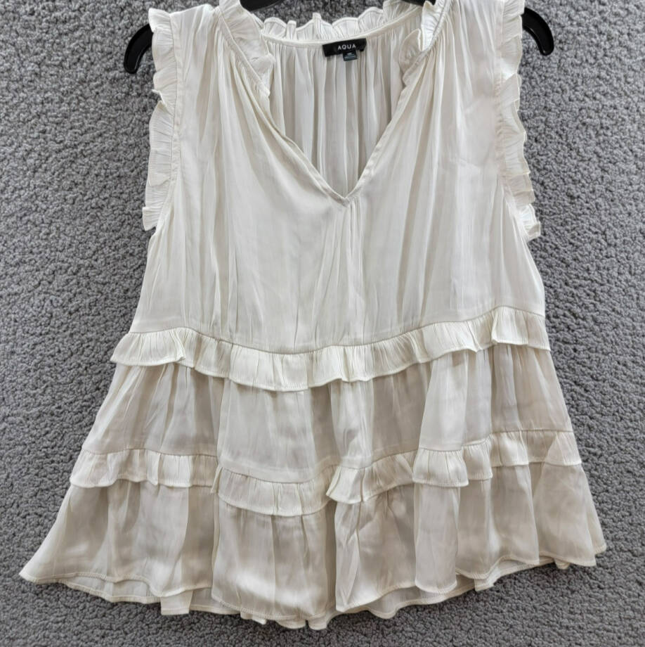 AQUA Satin Ruffled Tank Top Women's L Ivory Solid V-Neck Sleeveless Pullover