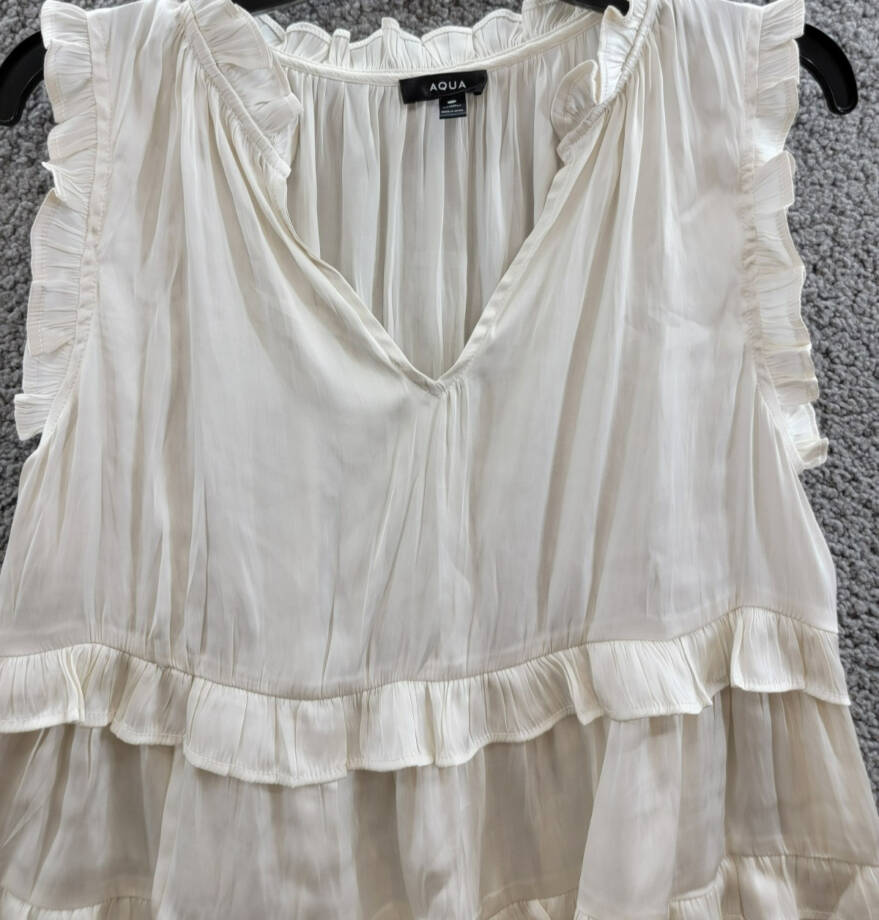AQUA Satin Ruffled Tank Top Women's L Ivory Solid V-Neck Sleeveless Pullover