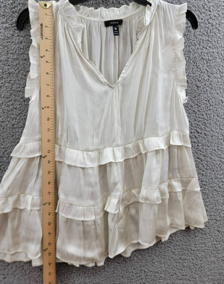 AQUA Satin Ruffled Tank Top Women's L Ivory Solid V-Neck Sleeveless Pullover