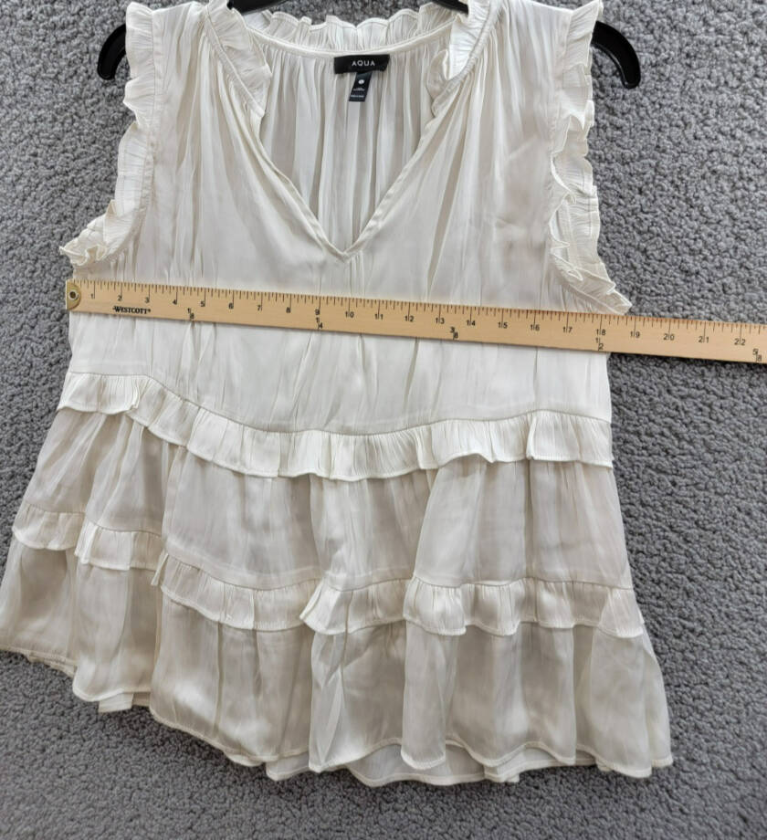 AQUA Satin Ruffled Tank Top Women's L Ivory Solid V-Neck Sleeveless Pullover